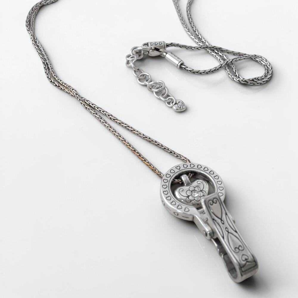 Brighton Lanyard Badge ID Holder Necklace Reversible Silver Heart Plated READ - Picture 2 of 6